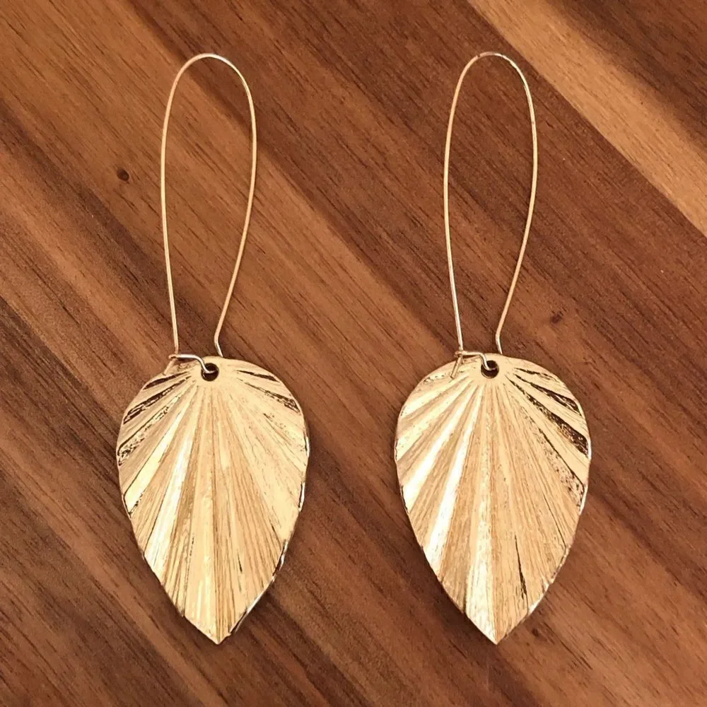 Tropical Leaf Dangle Earrings | Gold Tone | 3.5” Length